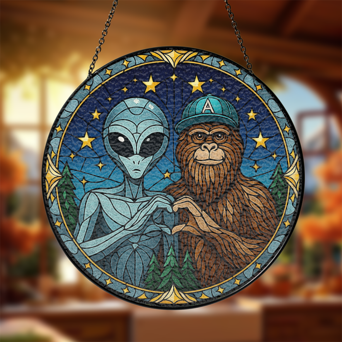 Alien & Bigfoot Stained Glass Hanging - Unique Mythical Decor For Home Or Garden