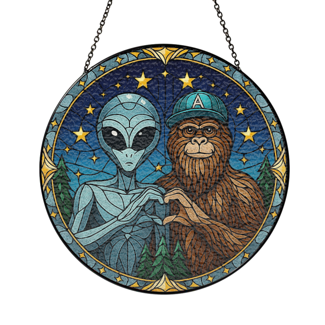 Alien & Bigfoot Stained Glass Hanging - Unique Mythical Decor For Home Or Garden - Image 3