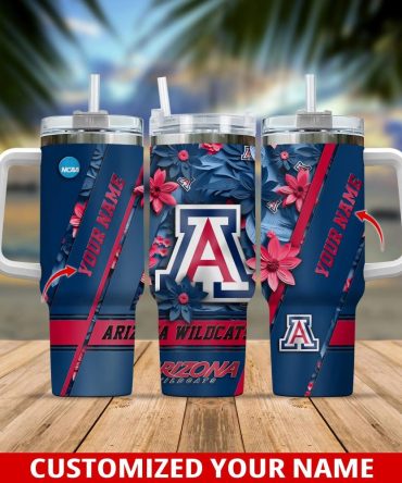 Custom Arizona Wildcats Floral Tumbler With Straw - Personalized Name Mug For Fans