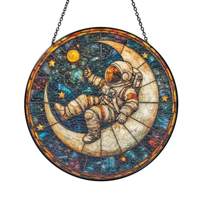 Enchanting Astronaut Stained Glass Suncatcher - Cosmic Moon & Stars Design For Home Decor - Image 3