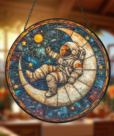 Enchanting Astronaut Stained Glass Suncatcher - Cosmic Moon & Stars Design For Home Decor