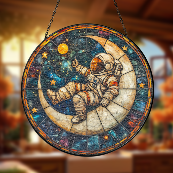Enchanting Astronaut Stained Glass Suncatcher - Cosmic Moon & Stars Design For Home Decor