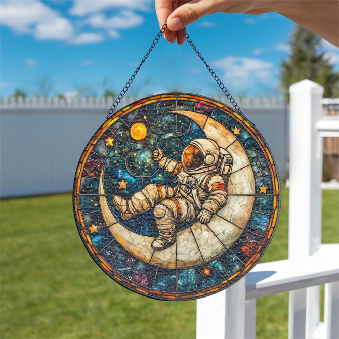 Enchanting Astronaut Stained Glass Suncatcher - Cosmic Moon & Stars Design For Home Decor - Image 2