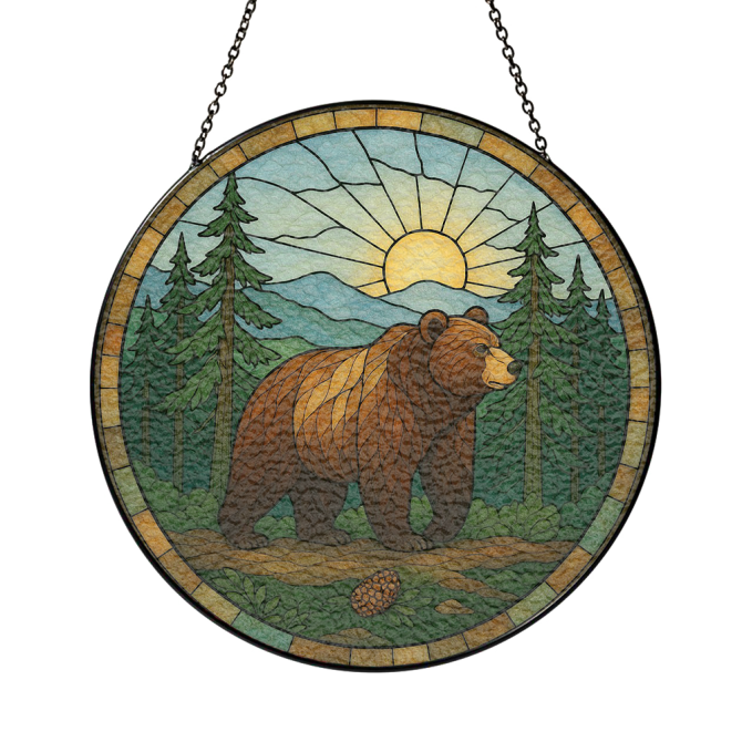 Rustic Bear Stained Glass Window Panel - Nature-Inspired Sun And Forest Design - Handmade Home Decor - Image 3