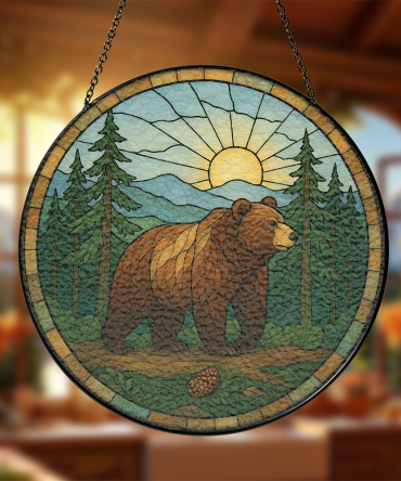 Rustic Bear Stained Glass Window Panel - Nature-Inspired Sun And Forest Design - Handmade Home Decor