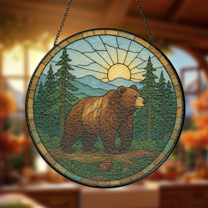 Rustic Bear Stained Glass Window Panel - Nature-Inspired Sun And Forest Design - Handmade Home Decor