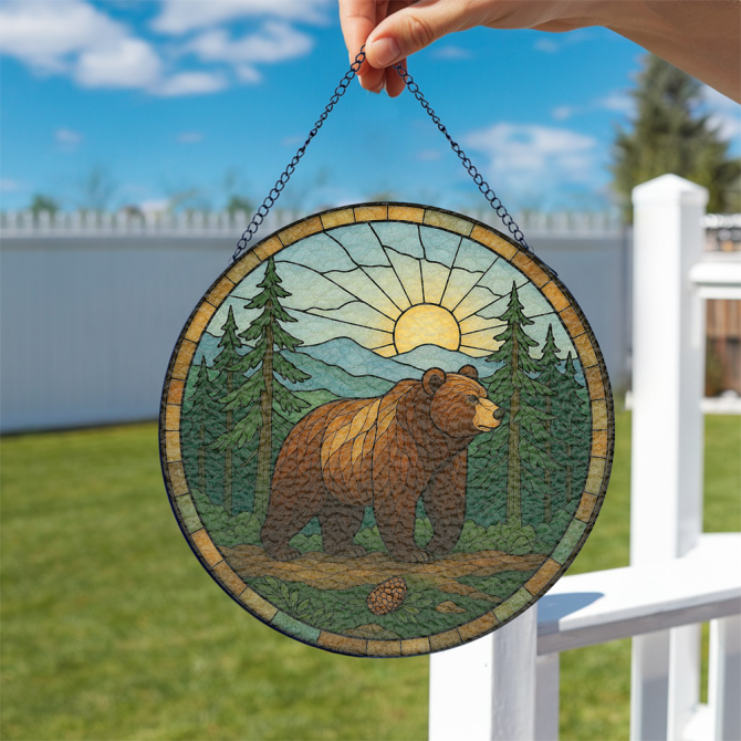 Rustic Bear Stained Glass Window Panel - Nature-Inspired Sun And Forest Design - Handmade Home Decor - Image 2