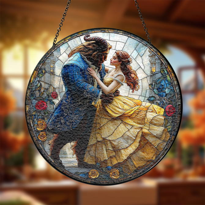 Enchanting Stained Glass Window Hanging - Romantic Beauty & Beast Design For Home Decor