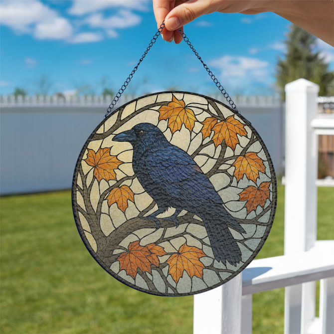 Stunning Stained Glass Raven Suncatcher - Autumn Leaves Design For Home Decor - Image 2