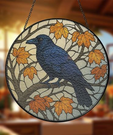 Stunning Stained Glass Raven Suncatcher - Autumn Leaves Design For Home Decor