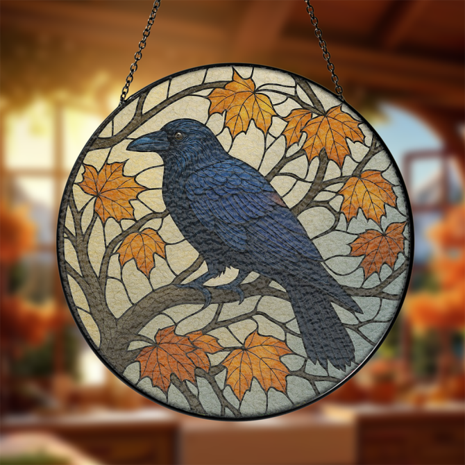 Stunning Stained Glass Raven Suncatcher - Autumn Leaves Design For Home Decor
