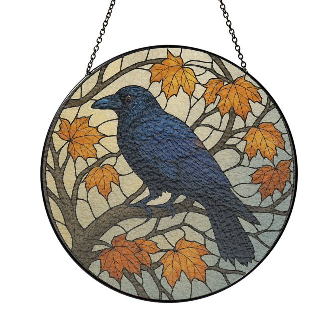 Stunning Stained Glass Raven Suncatcher - Autumn Leaves Design For Home Decor - Image 3