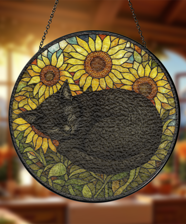 Stunning Cat & Sunflower Stained Glass Hanging - Perfect Window Decor Gift