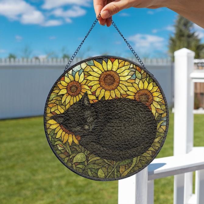 Stunning Cat & Sunflower Stained Glass Hanging - Perfect Window Decor Gift - Image 2