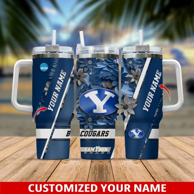 Custom Byu Cougars Tumbler With Handle – Personalized Name – Floral Design – 20 Oz – Perfect Gift!