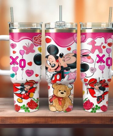 Disney Love Tumbler - Cute Mickey & Minnie Valentine'S 20Oz Cup With Handle & Straw