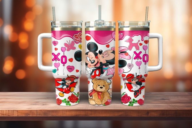 Disney Love Tumbler - Cute Mickey & Minnie Valentine'S 20Oz Cup With Handle & Straw