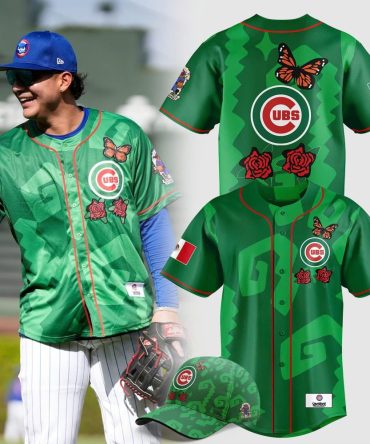 Limited Edition Cubs Green Jersey & Cap Set – Vibrant Design With Butterfly & Rose Details