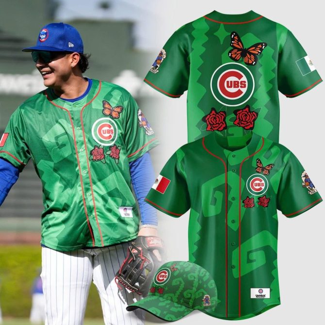 Limited Edition Cubs Green Jersey & Cap Set – Vibrant Design With Butterfly & Rose Details