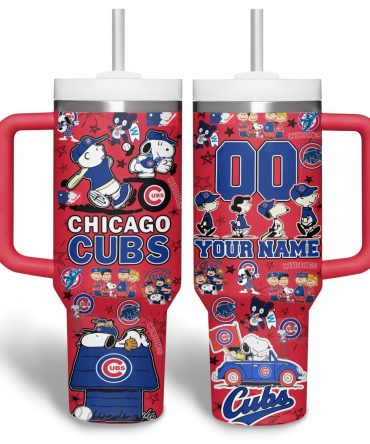 Custom Chicago Cubs Tumbler – Peanuts Design, Personalized Name & Number, 30Oz Straw Mug