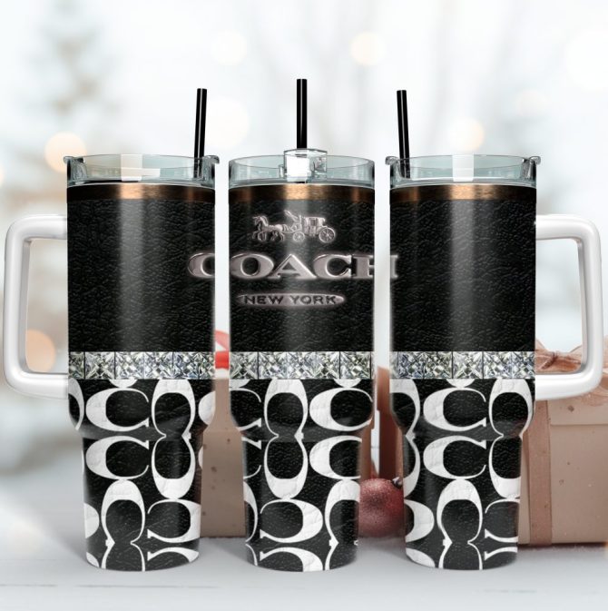 Coach Black Logo Leather Pattern Custom Stanley Tumbler Cup 40 Oz Tumbler With Handle