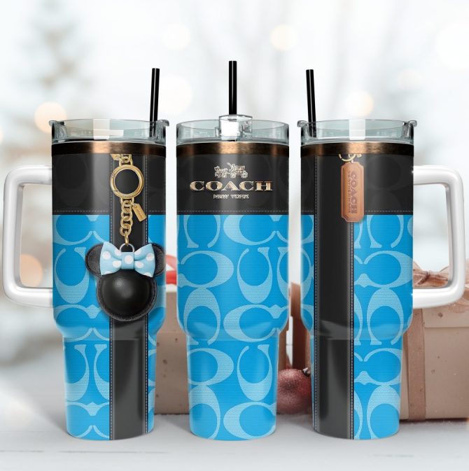 Coach Blue Minnie Mouse Custom Stanley Tumblercup 40 Oz Tumbler With Handle, Stylish Blue Coach Tumbler With Handle, Elegant Travel Mug For On-The-Go