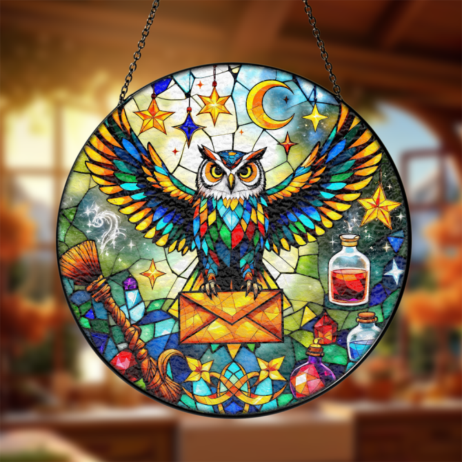 Enchanting Owl Stained Glass Suncatcher - Colorful Window Art Decor For Home