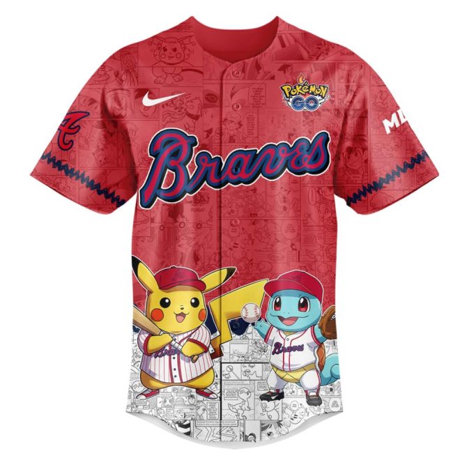 Limited Edition Pokémon X Braves Red Jersey - Pikachu & Friends Baseball Design - Image 2