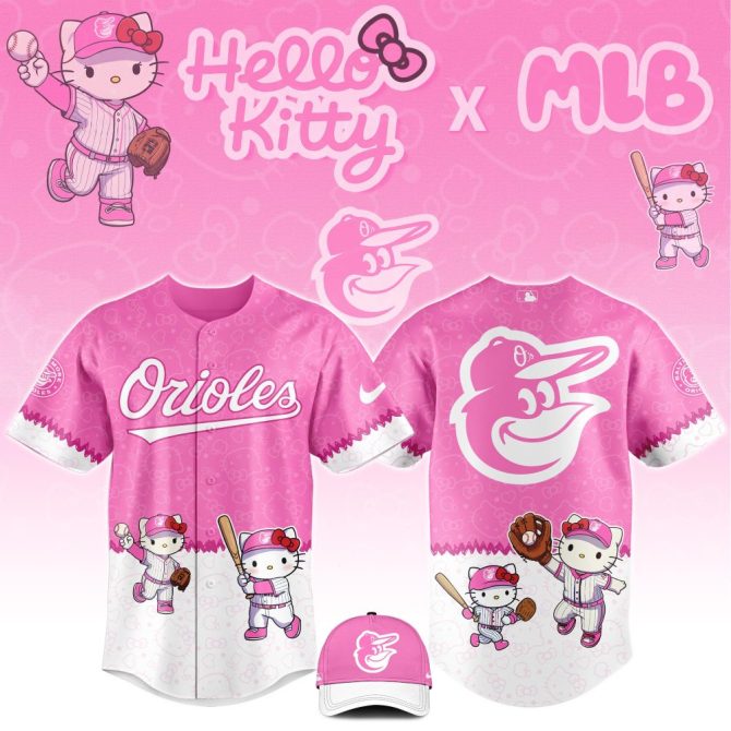 Limited Edition Hello Kitty X Mlb Orioles Pink Jersey & Cap Set - Perfect For Fans!