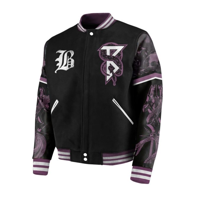 Men'S Gothic Graphic Varsity Jacket - Bold Black & Purple Streetwear - Image 2