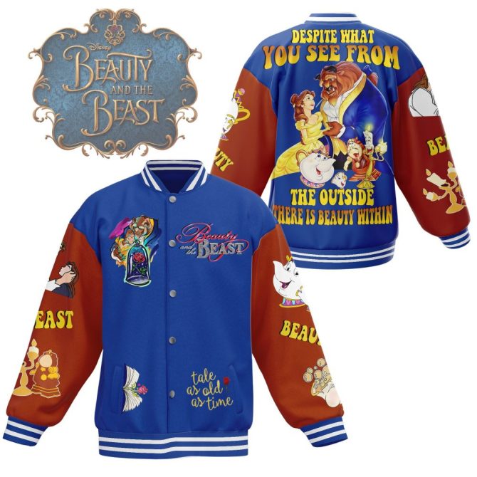 Disney Beauty And The Beast Varsity Jacket - Vibrant Blue & Red, Iconic Characters Design