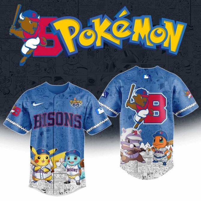 Exclusive Pokémon Bisons Baseball Jersey – Pikachu, Squirtle & Charmander Design – Limited Edition