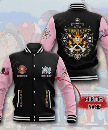 Custom Name Anime Varsity Jacket - Unique Pink & Black Design With Iconic Graphics