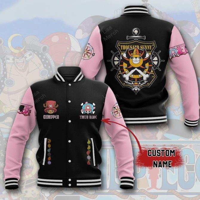 Custom Name Anime Varsity Jacket - Unique Pink & Black Design With Iconic Graphics