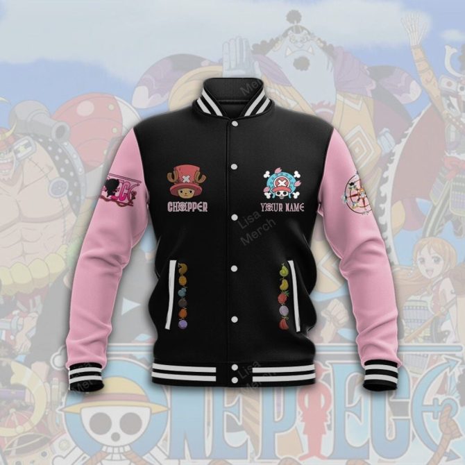 Custom Name Anime Varsity Jacket - Unique Pink & Black Design With Iconic Graphics - Image 2