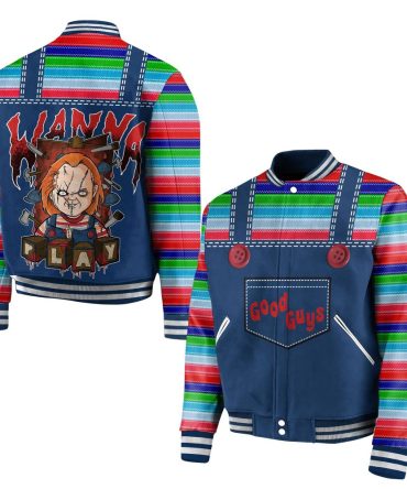 Chucky 'Wanna Play' Varsity Jacket - Good Guys Design, Vibrant Stripes, Unisex Halloween Apparel
