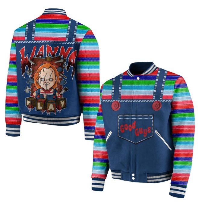Chucky 'Wanna Play' Varsity Jacket - Good Guys Design, Vibrant Stripes, Unisex Halloween Apparel