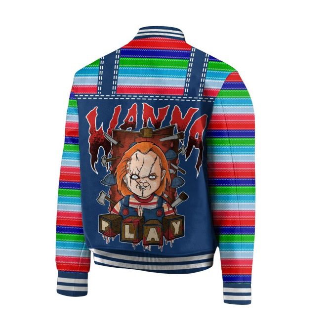 Chucky 'Wanna Play' Varsity Jacket - Good Guys Design, Vibrant Stripes, Unisex Halloween Apparel - Image 3