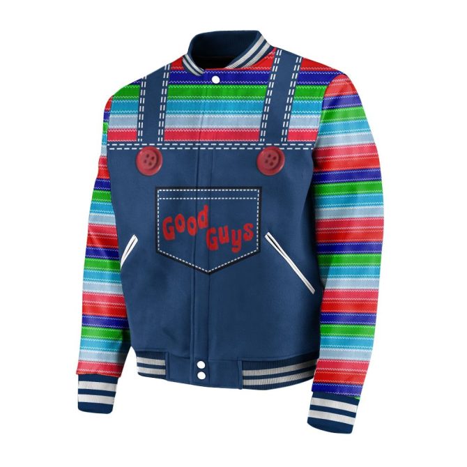 Chucky 'Wanna Play' Varsity Jacket - Good Guys Design, Vibrant Stripes, Unisex Halloween Apparel - Image 2