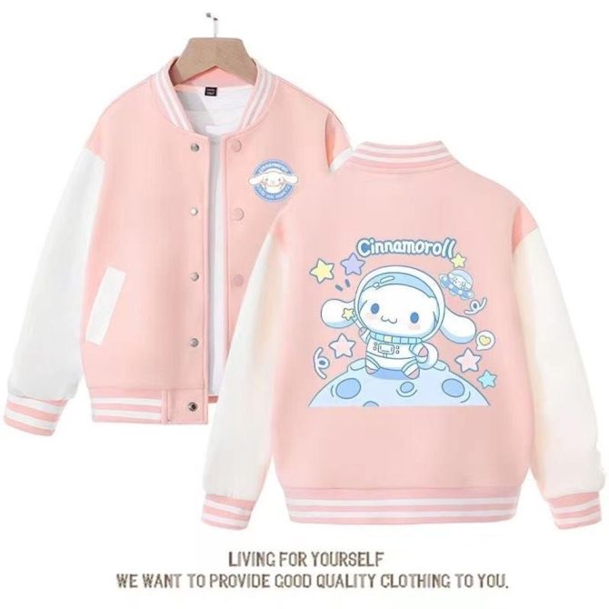Cute Cinnamoroll Pink Varsity Jacket - Stylish & Cozy Outerwear For Kids & Teens