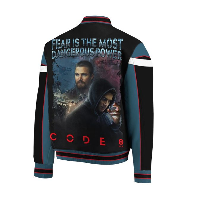 Code 8 Movie Themed Varsity Jacket – Stylish Wear For Sci-Fi Fans - Image 3