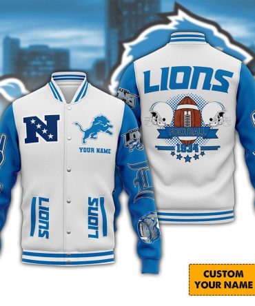 Customizable Lions Varsity Jacket - Personalized Football Fan Gear, Perfect Gift!