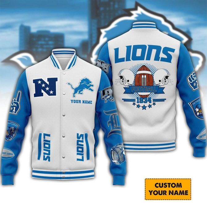 Customizable Lions Varsity Jacket - Personalized Football Fan Gear, Perfect Gift!