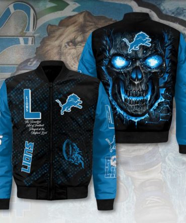 Men'S Blue Lions Skull Bomber Jacket - Bold Graphic Design, Perfect Gift For Fans