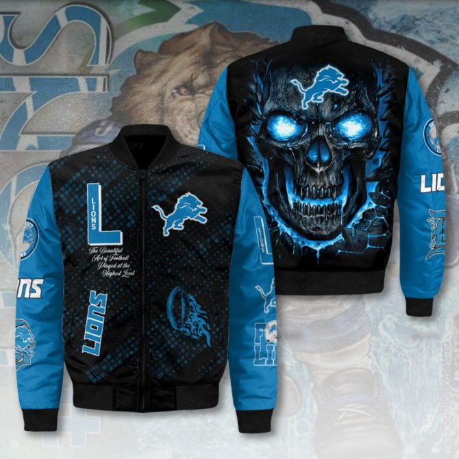 Men'S Blue Lions Skull Bomber Jacket - Bold Graphic Design, Perfect Gift For Fans