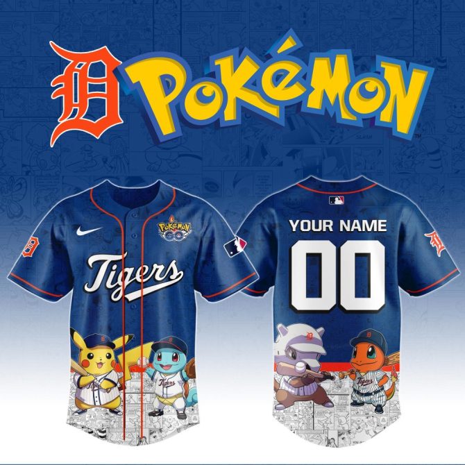Custom Pokémon Baseball Jersey - Detroit Style, Pikachu & Friends Design, Personalized Name & Number
