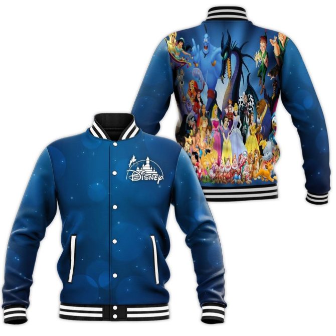 Disney Character Bomber Jacket - Iconic Cartoon Collage - Blue Unisex Varsity Style