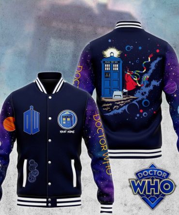 Doctor Who Tardis Varsity Jacket - Customizable Name & Cosmic Design - Unisex Sci-Fi Fashion