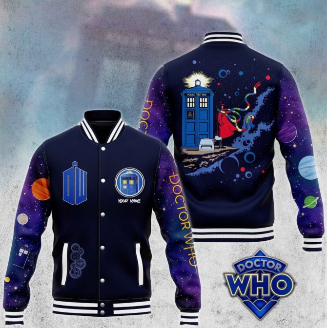 Doctor Who Tardis Varsity Jacket - Customizable Name & Cosmic Design - Unisex Sci-Fi Fashion