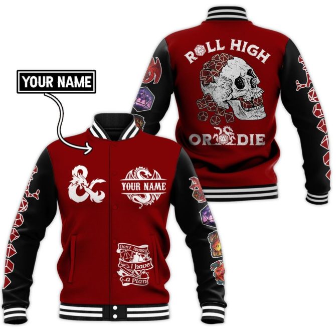 Customizable D&D Varsity Jacket – Roll High Or Die Design, Perfect For Gamers